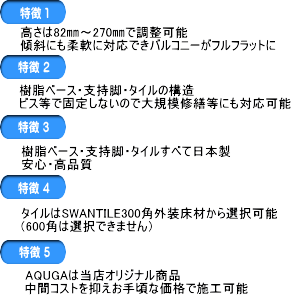 フラット施工デッキAQUGA（アクーガ）の特徴　高さ調節可能な日本製タイルデッキ